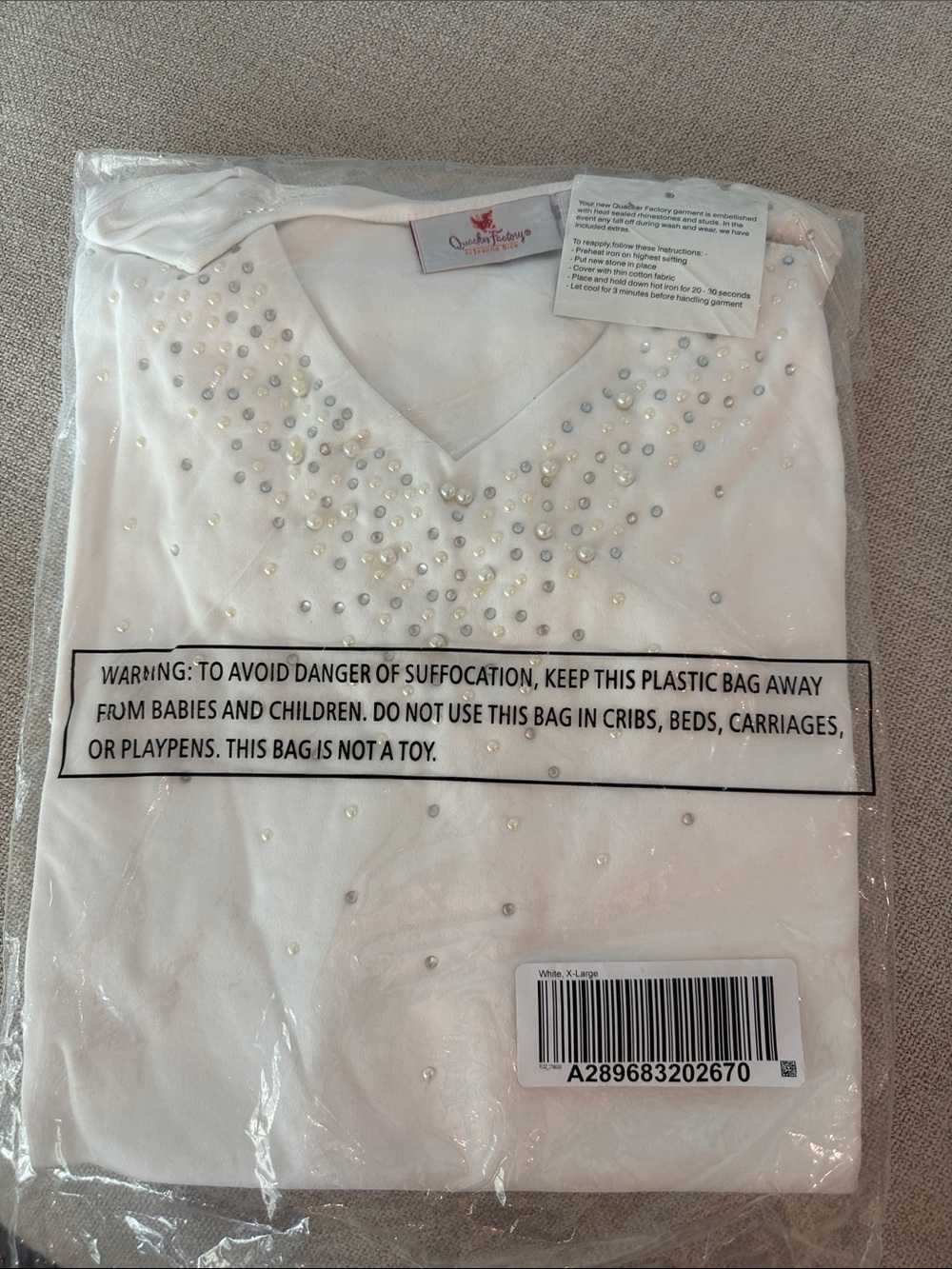 Quacker Factory White Short Sleeve Tee with Rhinestone Accent